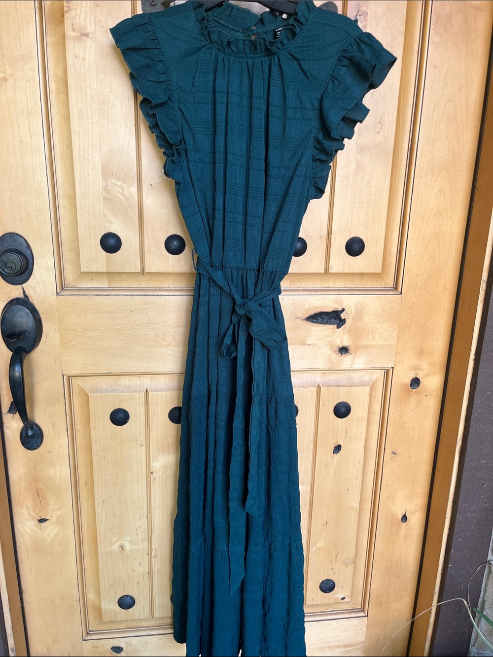 SHEIN Hunter Green Ruffled Sleeve Midi Dress with Waist Tie